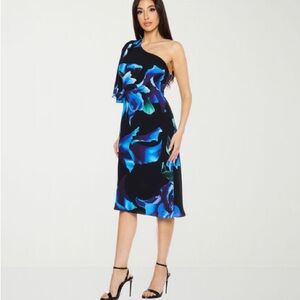 Premier Amour floral black & blue, one shoulder crepe party dress‎ size 10 NWOT